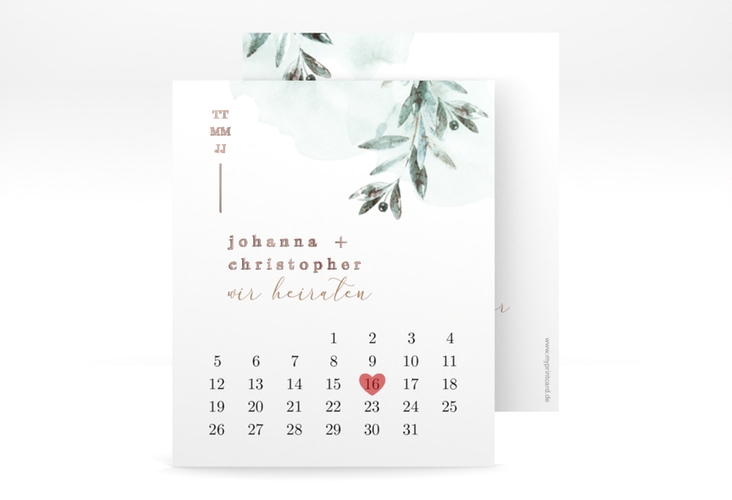 Save the Date-Kalenderblatt Mediterran Kalenderblatt-Karte rosegold mit Lorbeerzweig in Aquarell