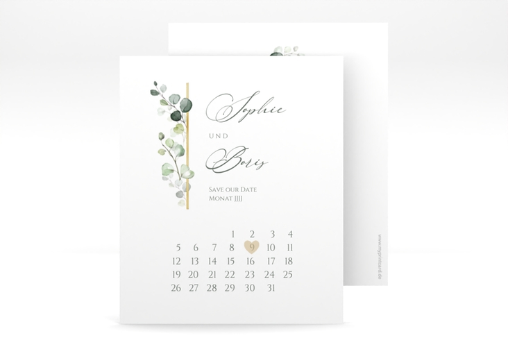 Save the Date-Kalenderblatt Adelya Kalenderblatt-Karte gold elegant mit Eukalyptus-Motiv