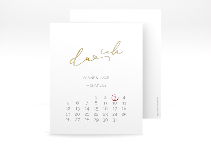 Save the Date-Kalenderblatt Zweisamkeit Kalenderblatt-Karte gold im minimalistischen Stil mit Aufschrift du & ich