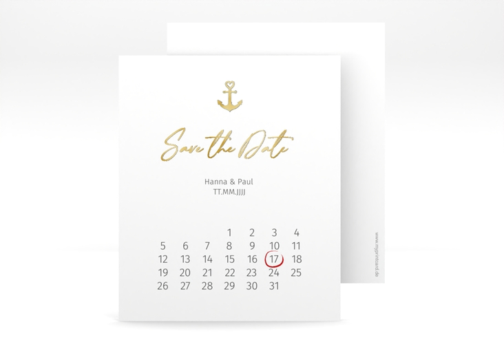 Save the Date-Kalenderblatt Ankerliebe Kalenderblatt-Karte gold im minimalistischen maritimen Design mit Anker