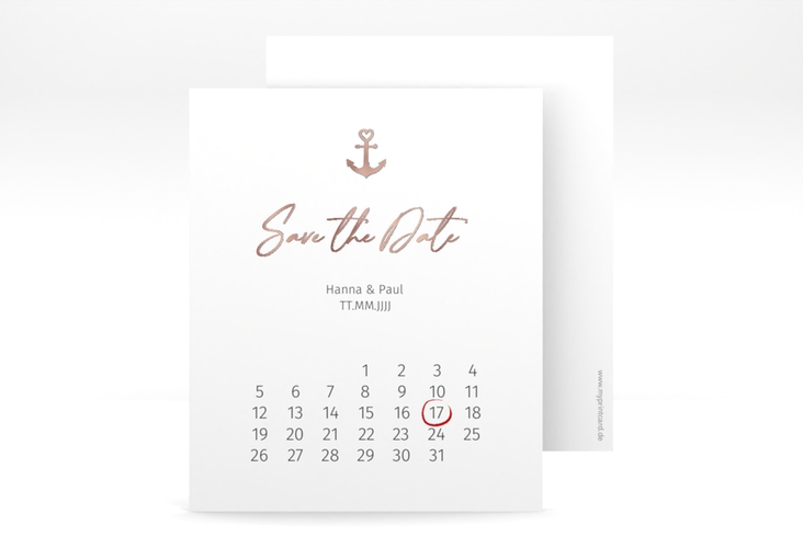 Save the Date-Kalenderblatt Ankerliebe Kalenderblatt-Karte rosegold im minimalistischen maritimen Design mit Anker