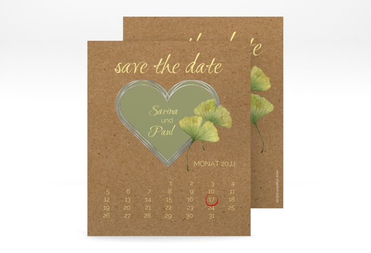 Save the Date-Kalenderblatt Ginko Kalenderblatt-Karte silber mit Herz und zwei Ginkgo-Blättern