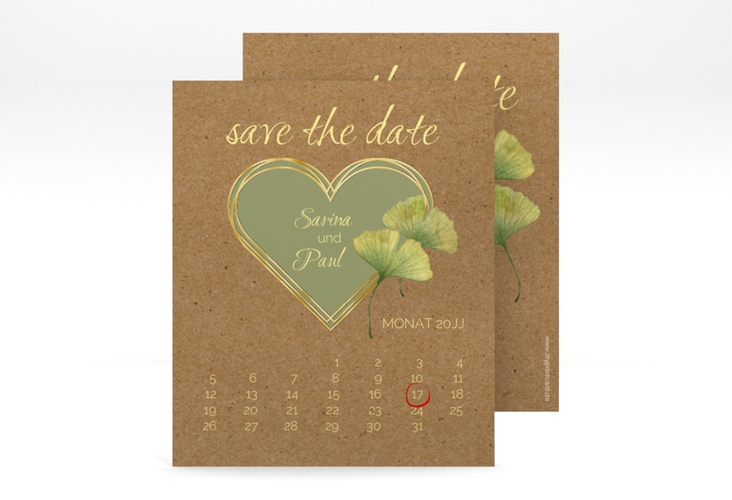 Save the Date-Kalenderblatt Ginko Kalenderblatt-Karte gold mit Herz und zwei Ginkgo-Blättern