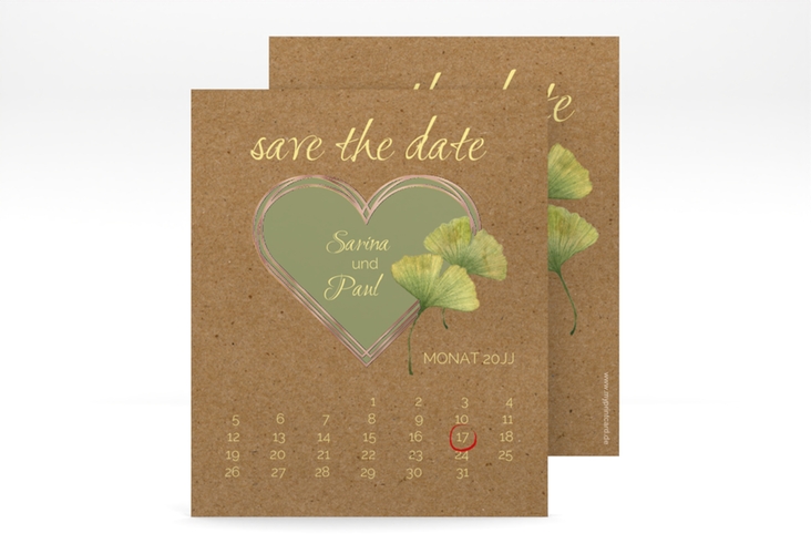 Save the Date-Kalenderblatt Ginko Kalenderblatt-Karte rosegold mit Herz und zwei Ginkgo-Blättern