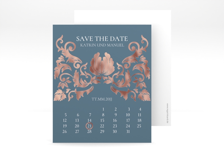 Save the Date-Kalenderblatt Royal Kalenderblatt-Karte rosegold mit barockem Blumen-Ornament