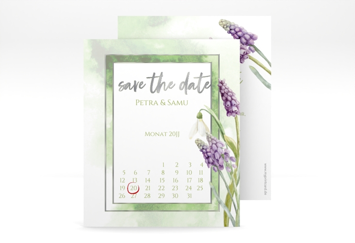 Save the Date-Kalenderblatt Frühling Kalenderblatt-Karte silber mit Frühlingsblumen in Aquarell