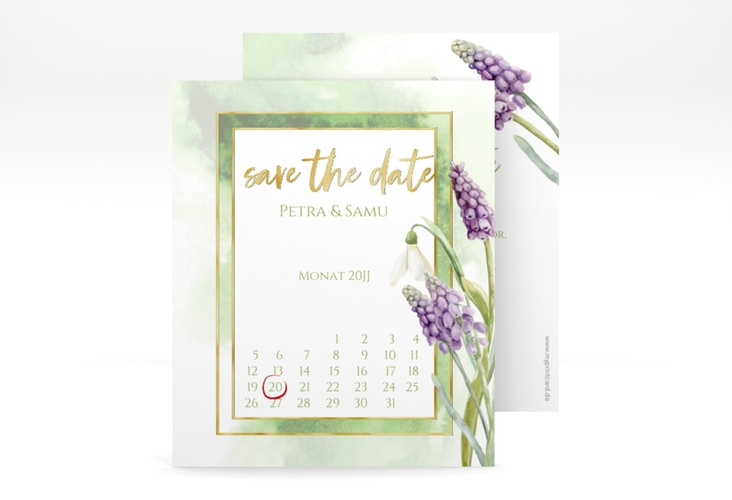 Save the Date-Kalenderblatt Frühling Kalenderblatt-Karte gold mit Frühlingsblumen in Aquarell