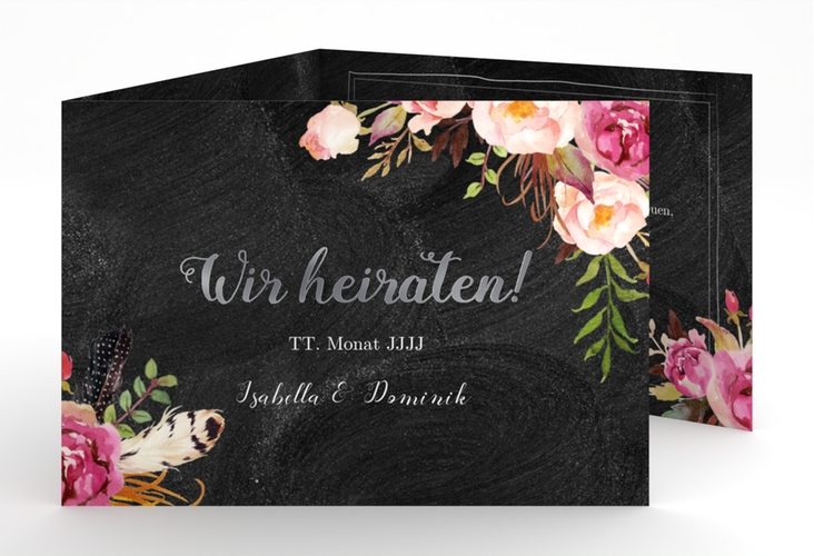 Hochzeitseinladung Flowers A6 Doppel-Klappkarte silber mit bunten Aquarell-Blumen