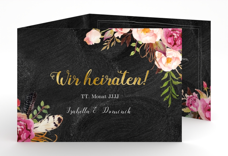 Hochzeitseinladung Flowers A6 Doppel-Klappkarte gold mit bunten Aquarell-Blumen