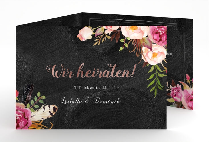 Hochzeitseinladung Flowers A6 Doppel-Klappkarte rosegold mit bunten Aquarell-Blumen