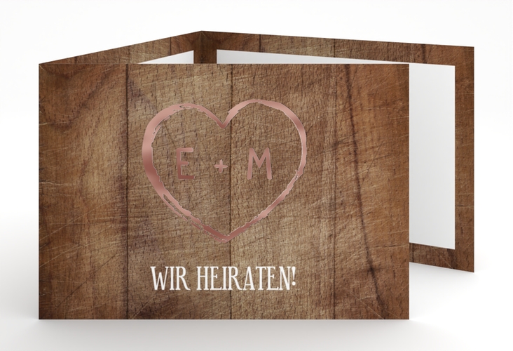 Hochzeitseinladung Wood A6 Doppel-Klappkarte rosegold