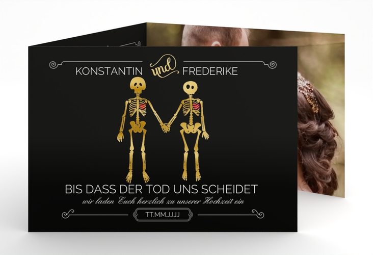 Hochzeitseinladung Bones A6 Doppel-Klappkarte gold