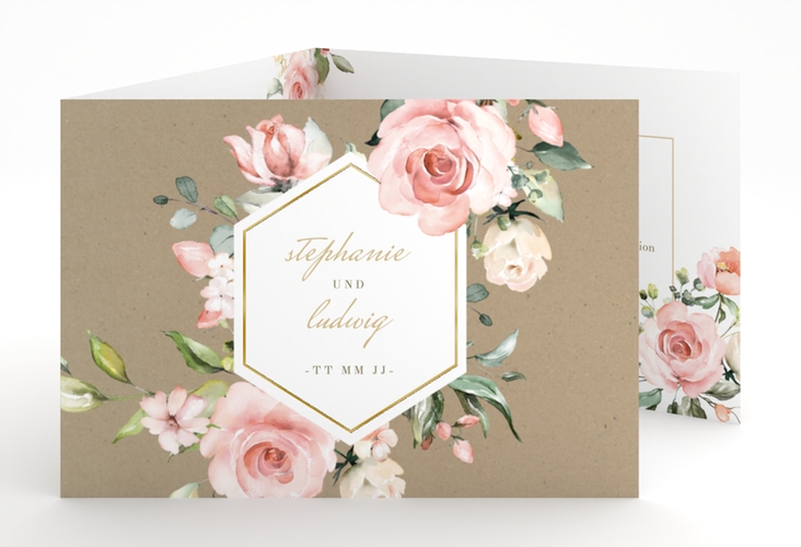 Hochzeitseinladung Graceful A6 Doppel-Klappkarte gold mit Rosenblüten in Rosa und Weiß