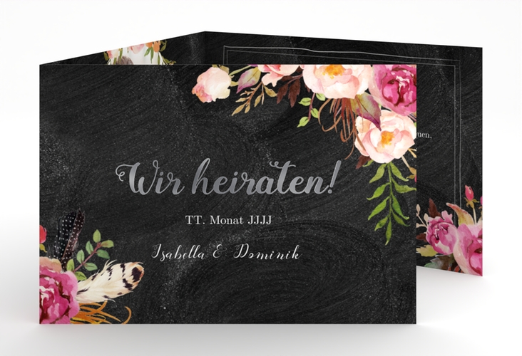 Hochzeitseinladung Flowers A6 Doppel-Klappkarte silber mit bunten Aquarell-Blumen