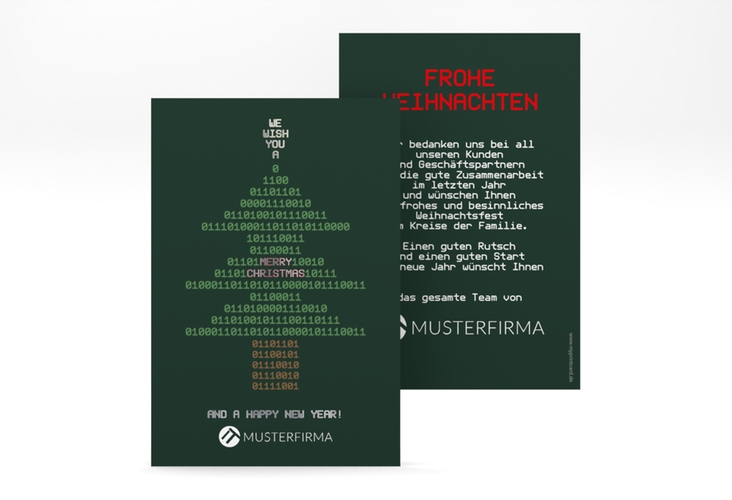 Business-Weihnachtskarte Binär A6 Karte hoch silber mit Weihnachtsbaum aus Binärzahlen