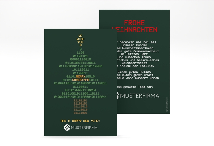 Business-Weihnachtskarte Binär A6 Karte hoch gold mit Weihnachtsbaum aus Binärzahlen