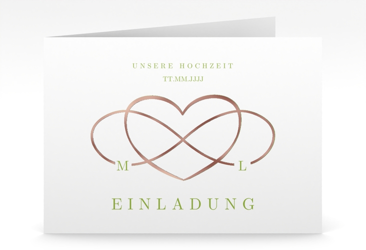 Hochzeitseinladung Infinity mittlere Klappkarte quer gruen rosegold