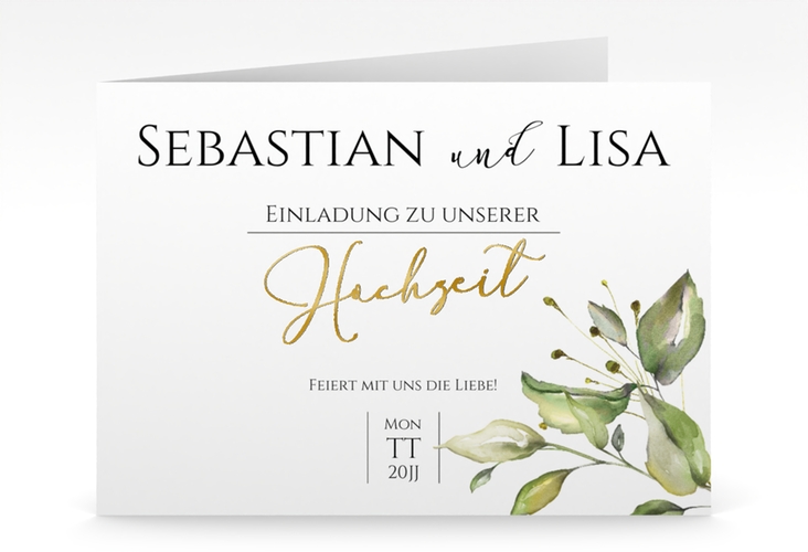 Hochzeitseinladung Leaves mittlere Klappkarte quer weiss gold