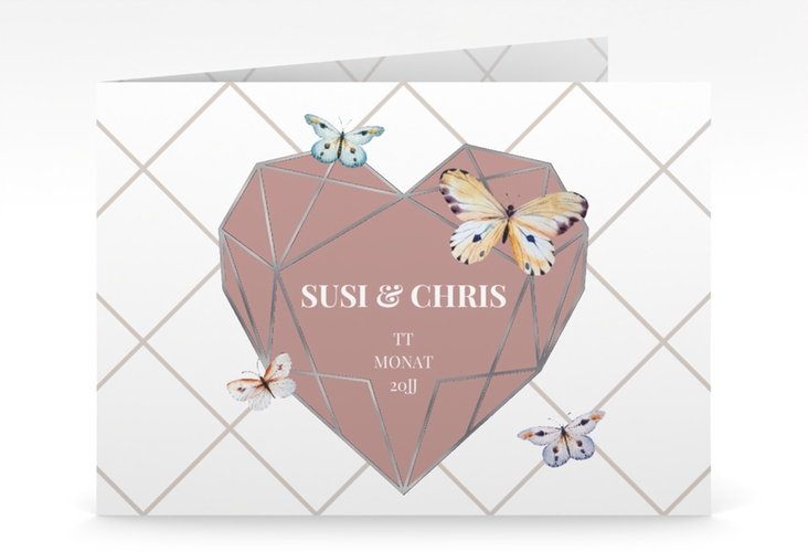 Hochzeitseinladung Butterfly mittlere Klappkarte quer weiss silber mit Schmetterlingen und Herz im Geometric Design