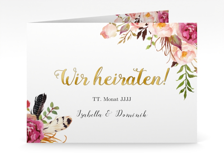 Hochzeitseinladung Flowers mittlere Klappkarte quer weiss gold mit bunten Aquarell-Blumen