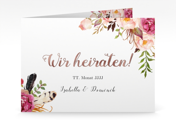 Hochzeitseinladung Flowers mittlere Klappkarte quer weiss rosegold mit bunten Aquarell-Blumen