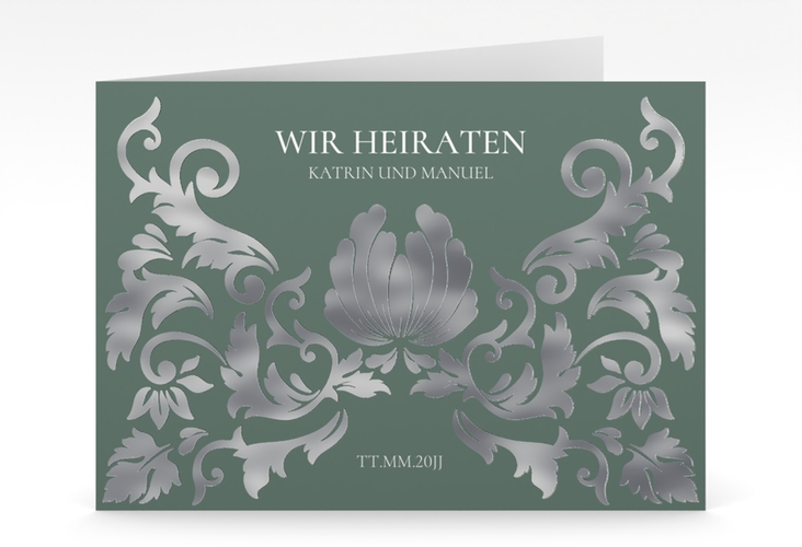 Hochzeitseinladung Royal mittlere Klappkarte quer gruen silber mit barockem Blumen-Ornament