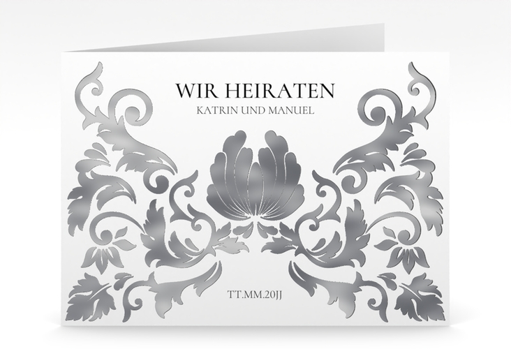 Hochzeitseinladung Royal mittlere Klappkarte quer weiss silber mit barockem Blumen-Ornament