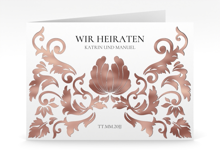 Hochzeitseinladung Royal mittlere Klappkarte quer weiss rosegold mit barockem Blumen-Ornament