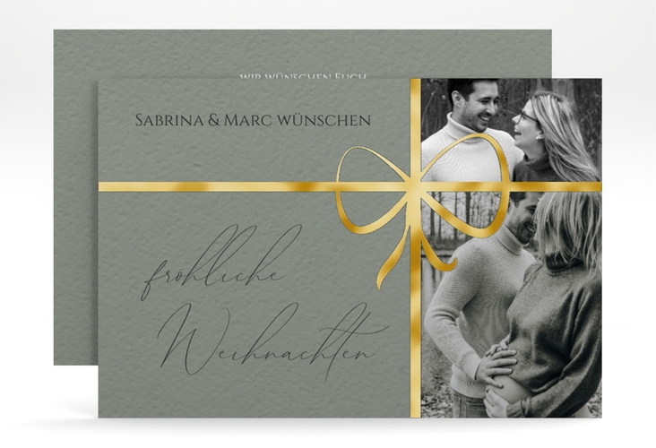 Weihnachtskarte Geschenkschleife A6 Karte quer gold für Weihnachtsgrüße mit Familienfoto