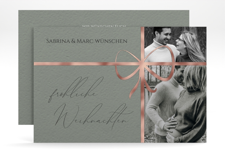 Weihnachtskarte Geschenkschleife A6 Karte quer rosegold für Weihnachtsgrüße mit Familienfoto