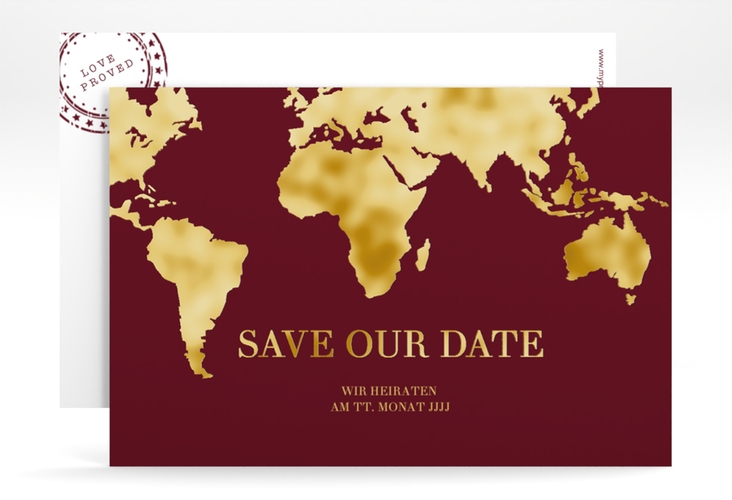 Save the Date-Karte Traumziel A6 Karte quer gold im Reisepass-Design