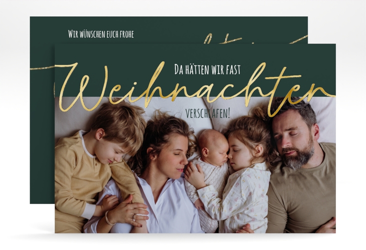 Weihnachtskarte Verschlafen A6 Karte quer gold für Weihnachtsgrüße mit Familienfoto