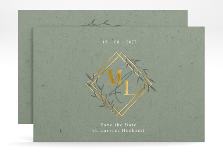 Save the Date-Karte Greenletter A6 Karte quer gold mit Initialen in elegantem Goldrahmen mit Blättern