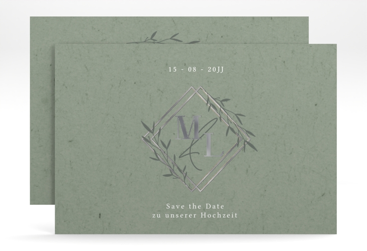 Save the Date-Karte Greenletter A6 Karte quer silber mit Initialen in elegantem Goldrahmen mit Blättern