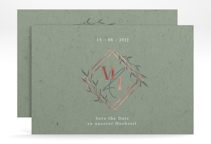 Save the Date-Karte Greenletter A6 Karte quer rosegold mit Initialen in elegantem Goldrahmen mit Blättern