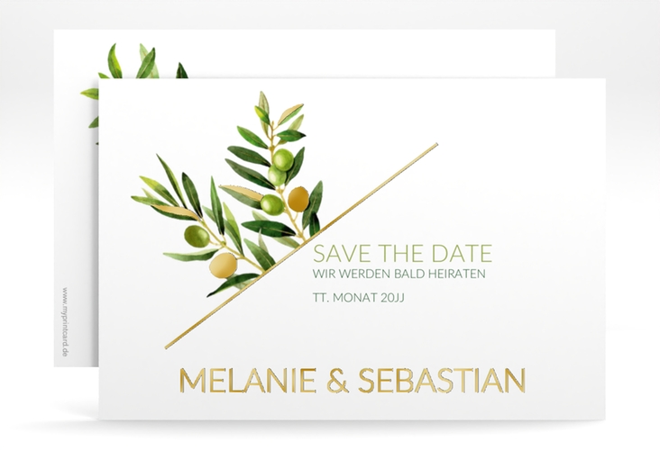 Save the Date-Karte Olivenzweig A6 Karte quer gold