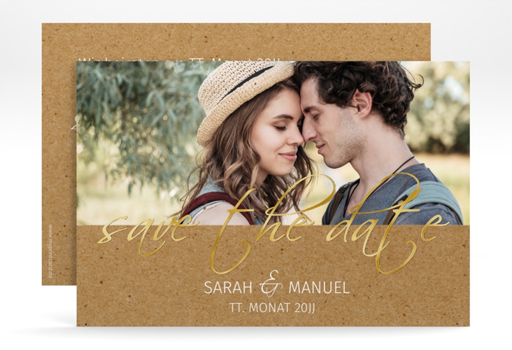 Save the Date-Karte Big Picture A6 Karte quer gold mit Foto des Brautpaars