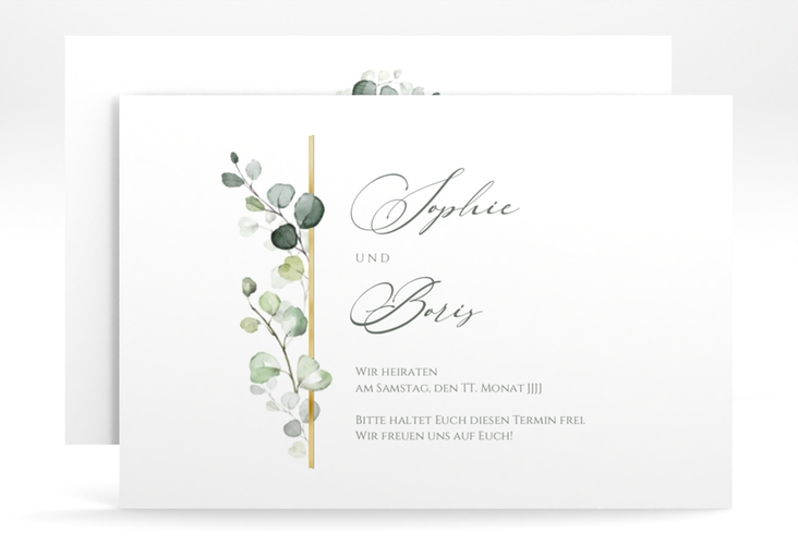 Save the Date-Karte Adelya A6 Karte quer gold elegant mit Eukalyptus-Motiv