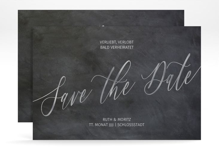 Save the Date-Karte Chalkboard A6 Karte quer silber mit Folienveredelung