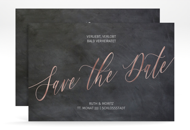 Save the Date-Karte Chalkboard A6 Karte quer rosegold mit Folienveredelung