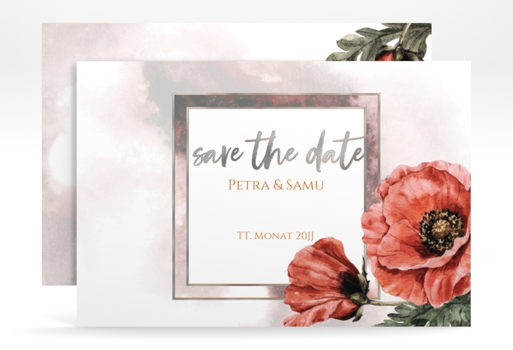 Save the Date-Karte Sommer A6 Karte quer silber mit Mohnblumen-Aquarell