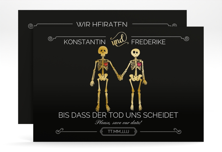 Save the Date-Karte Bones A6 Karte quer gold lustig mit Skelett-Brautpaar