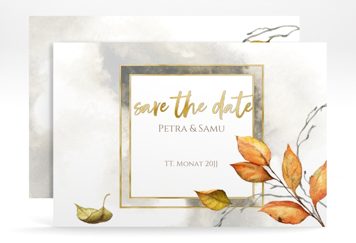 Save the Date-Karte Herbst A6 Karte quer gold mit orangefarbigem Herbstlaub in Aquarell