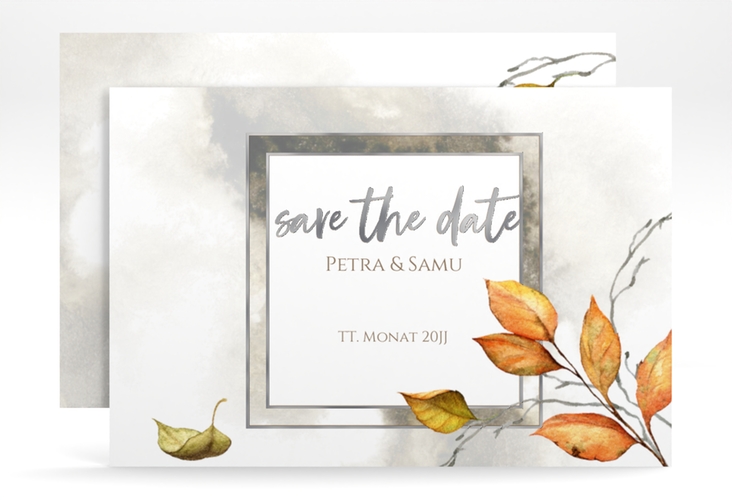 Save the Date-Karte Herbst A6 Karte quer silber mit orangefarbigem Herbstlaub in Aquarell