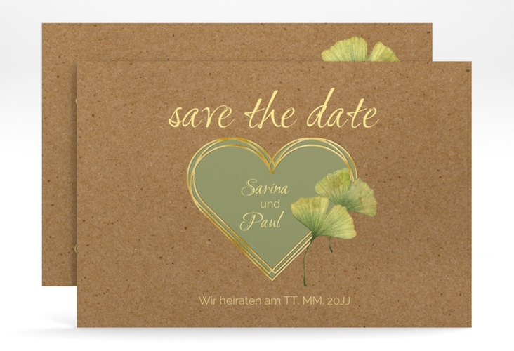 Save the Date-Karte Ginko A6 Karte quer gold mit Herz und zwei Ginkgo-Blättern