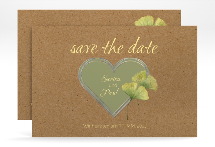 Save the Date-Karte Ginko A6 Karte quer silber mit Herz und zwei Ginkgo-Blättern