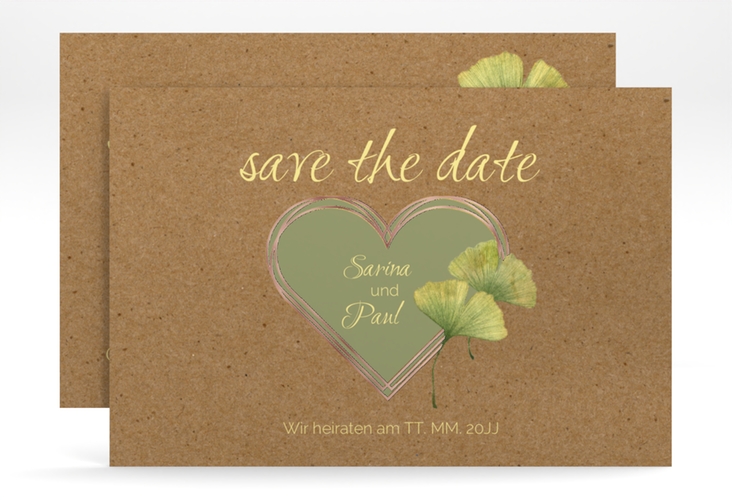 Save the Date-Karte Ginko A6 Karte quer rosegold mit Herz und zwei Ginkgo-Blättern