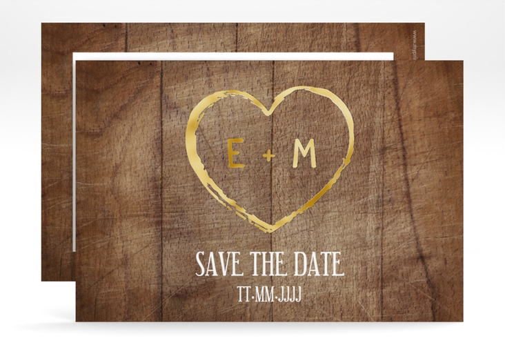 Save the Date-Karte Wood A6 Karte quer gold in Holz-Optik mit Herz und Initialen