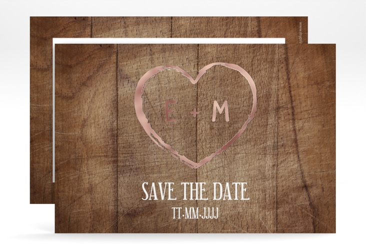 Save the Date-Karte Wood A6 Karte quer rosegold in Holz-Optik mit Herz und Initialen