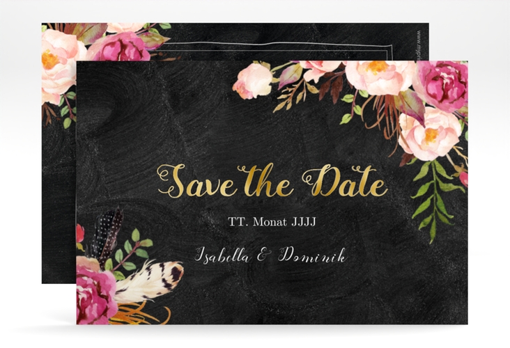 Save the Date-Karte Flowers A6 Karte quer gold mit bunten Aquarell-Blumen